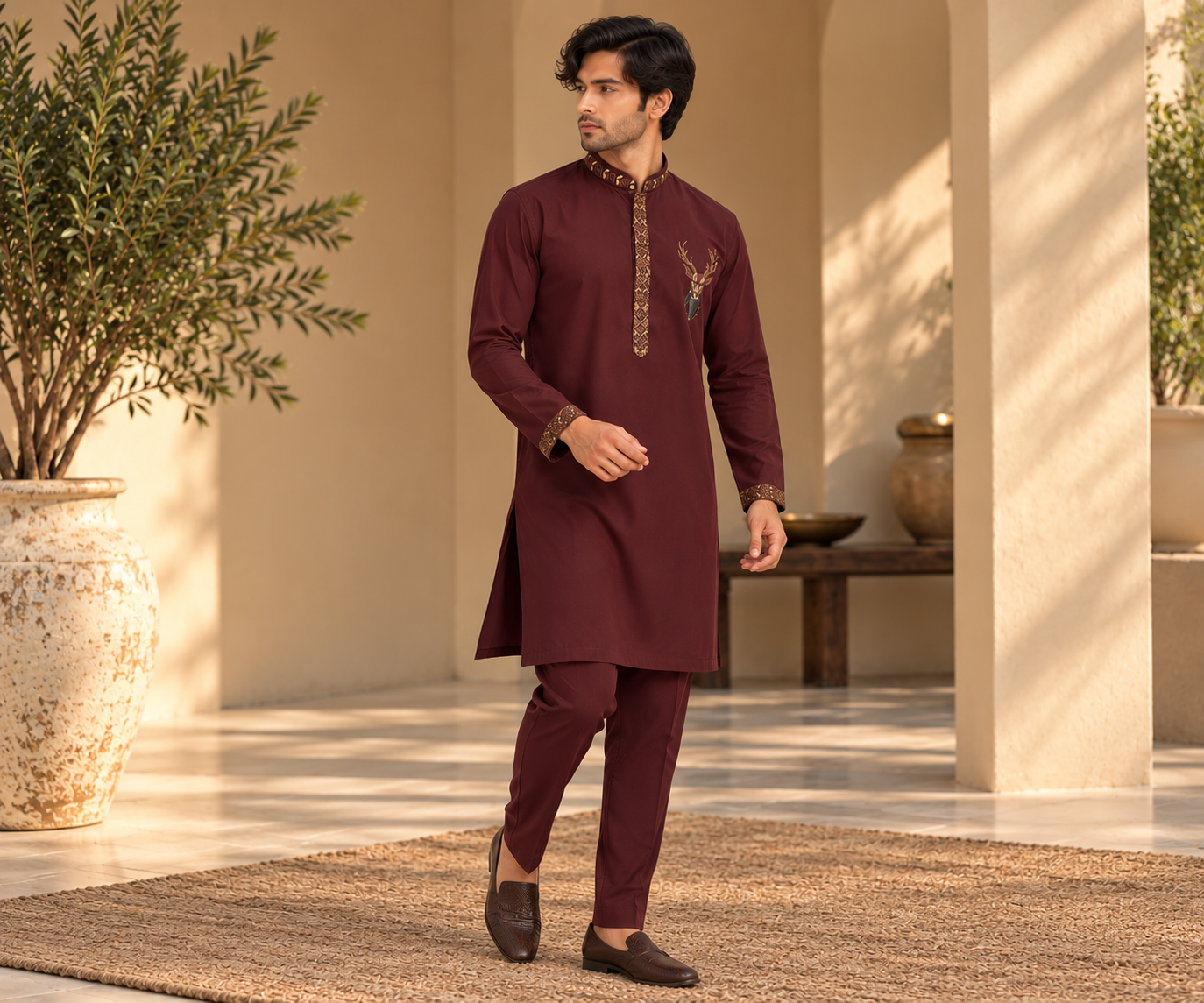 Men’s Maroon Kurta Pant Set with Gold Embroidered Placket & Statement Deer Motif Back Design — Kurta Sets — view 2 | Lehar Clothing UAE