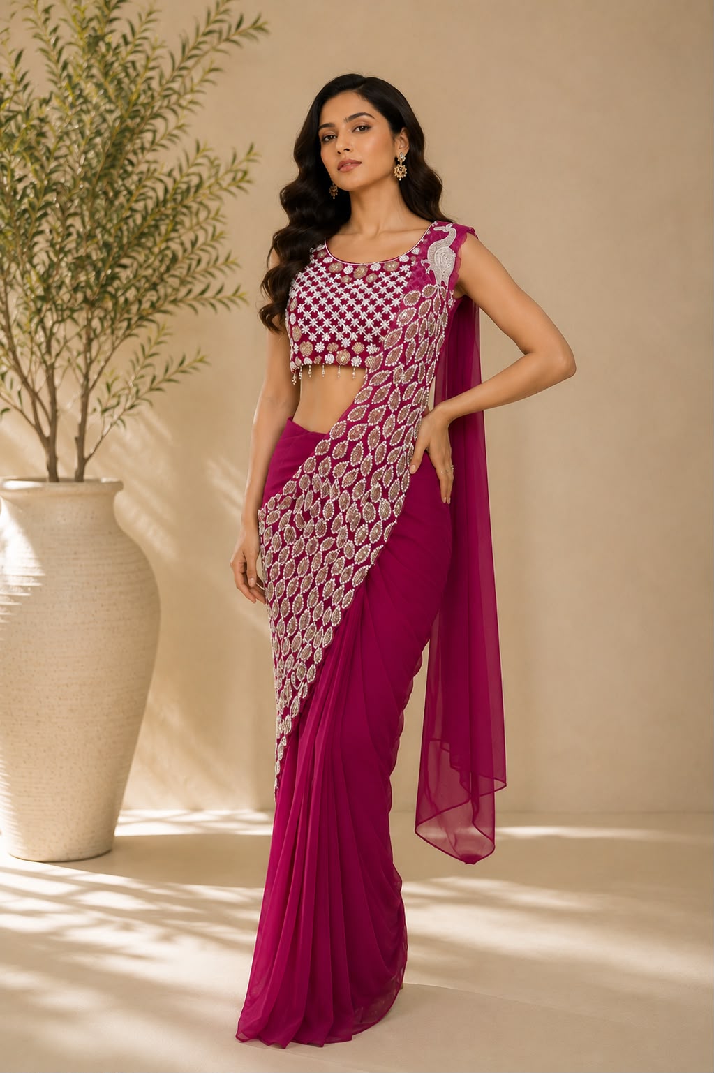 Fucisia Pink Ready-to-Drape Saree with Hand Embroidered Mirror Work Blouse — Sarees | Lehar Clothing UAE