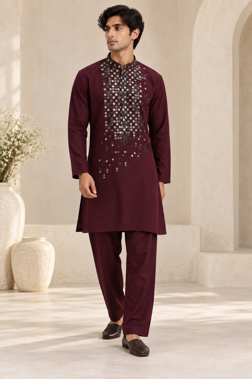 Men’s Deep Maroon Mirror Work Embroidered Kurta with Matching Pants — Kurta Sets | Lehar Clothing UAE