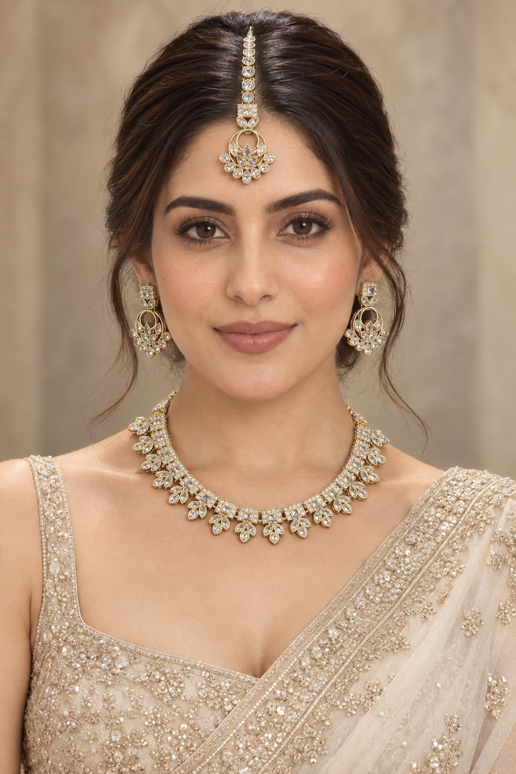 White Kundan Bridal Set with Chandbali & Tikka — Jewellery — view 2 | Lehar Clothing UAE