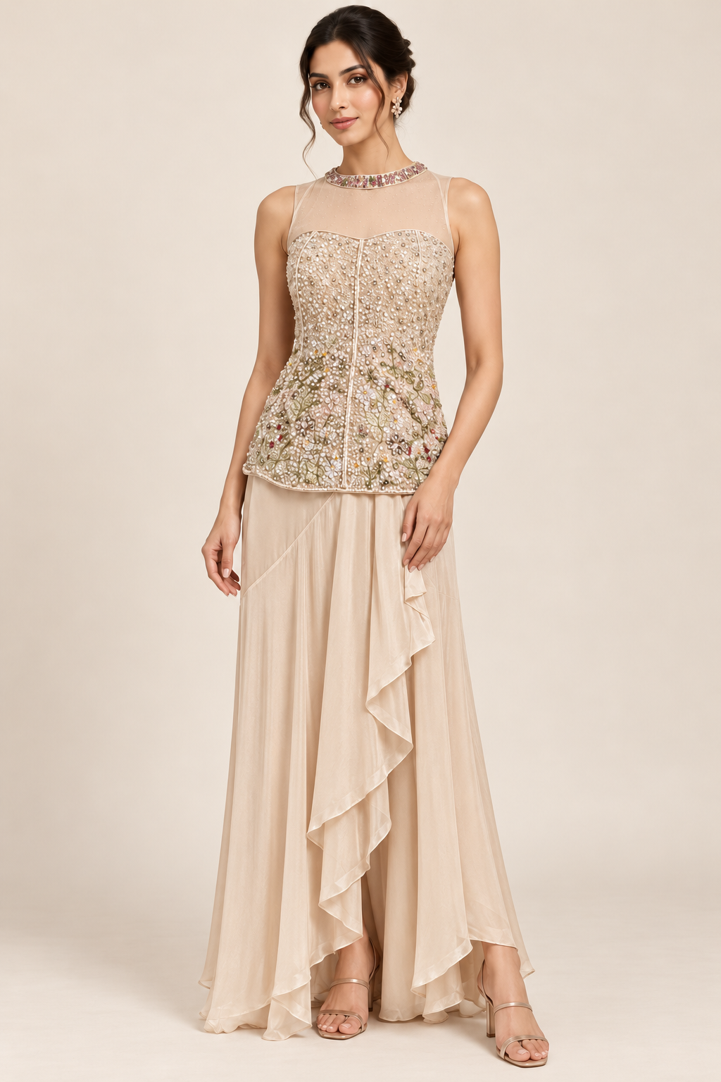 Champagne Beige Pearl & Sequin Embellished Sheer Neckline Top with Asymmetric Draped Skirt Set — Fusion wear | Lehar Clothing UAE