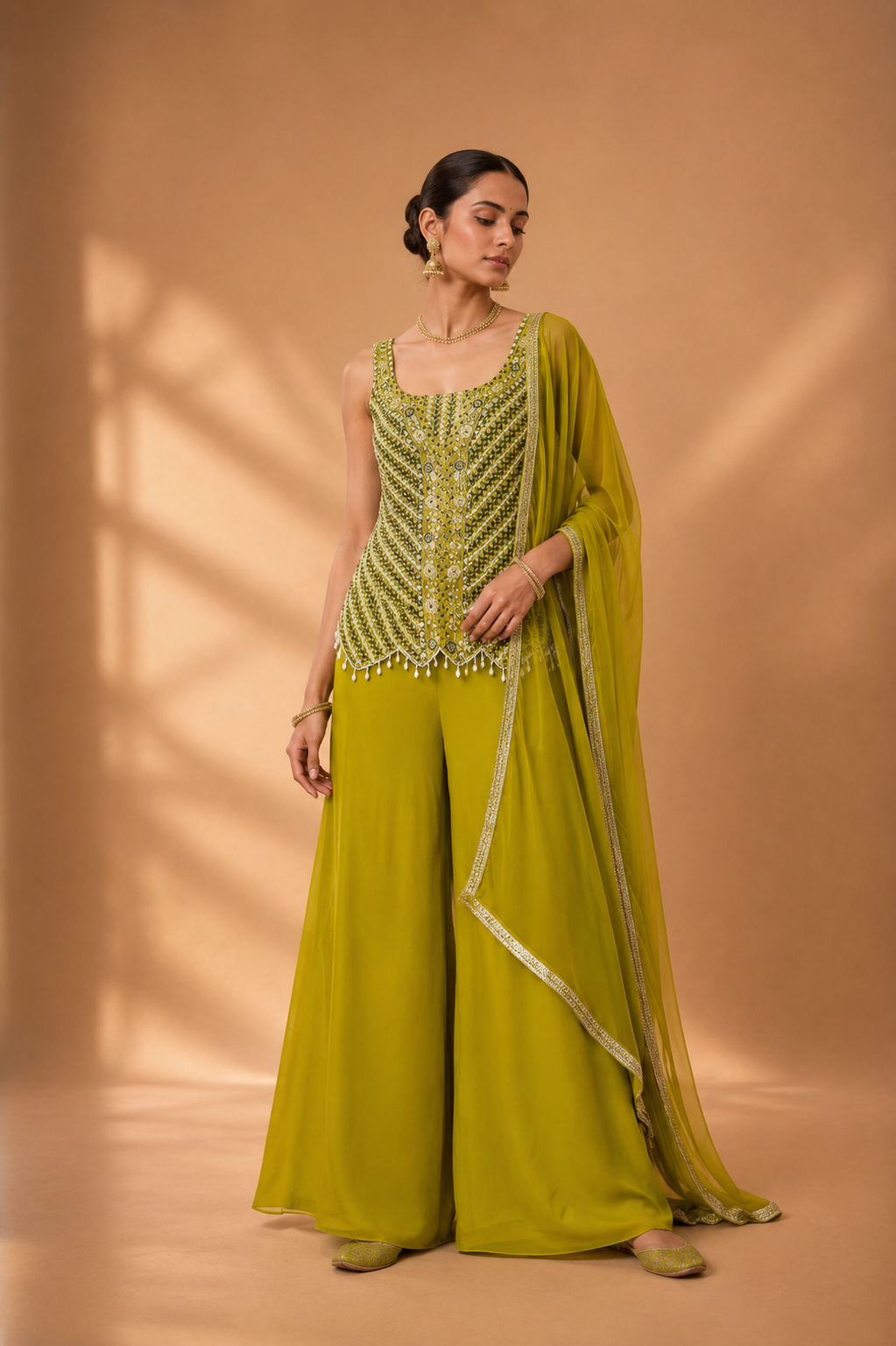 Lime Green Embroidered Georgette Kurta Palazzo Set with Georgette Dupatta — Sharara Set | Lehar Clothing UAE
