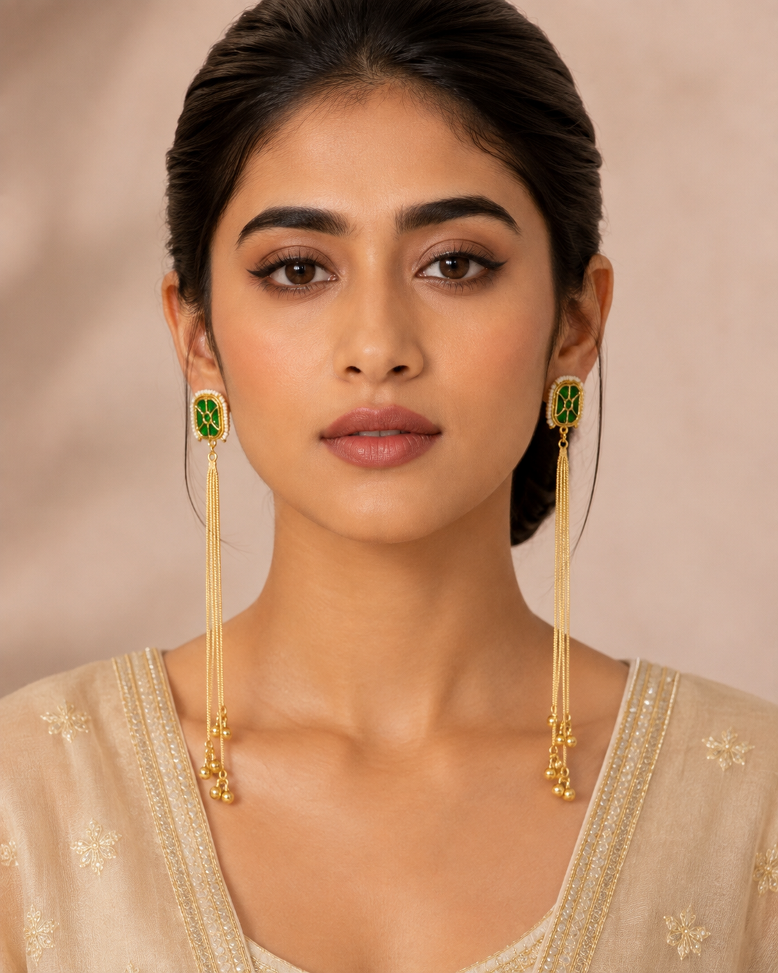 Imitation Gold-Tone Emerald Green Statement Long Tassel Kashir Dangler Earrings — Jewellery — view 2 | Lehar Clothing UAE