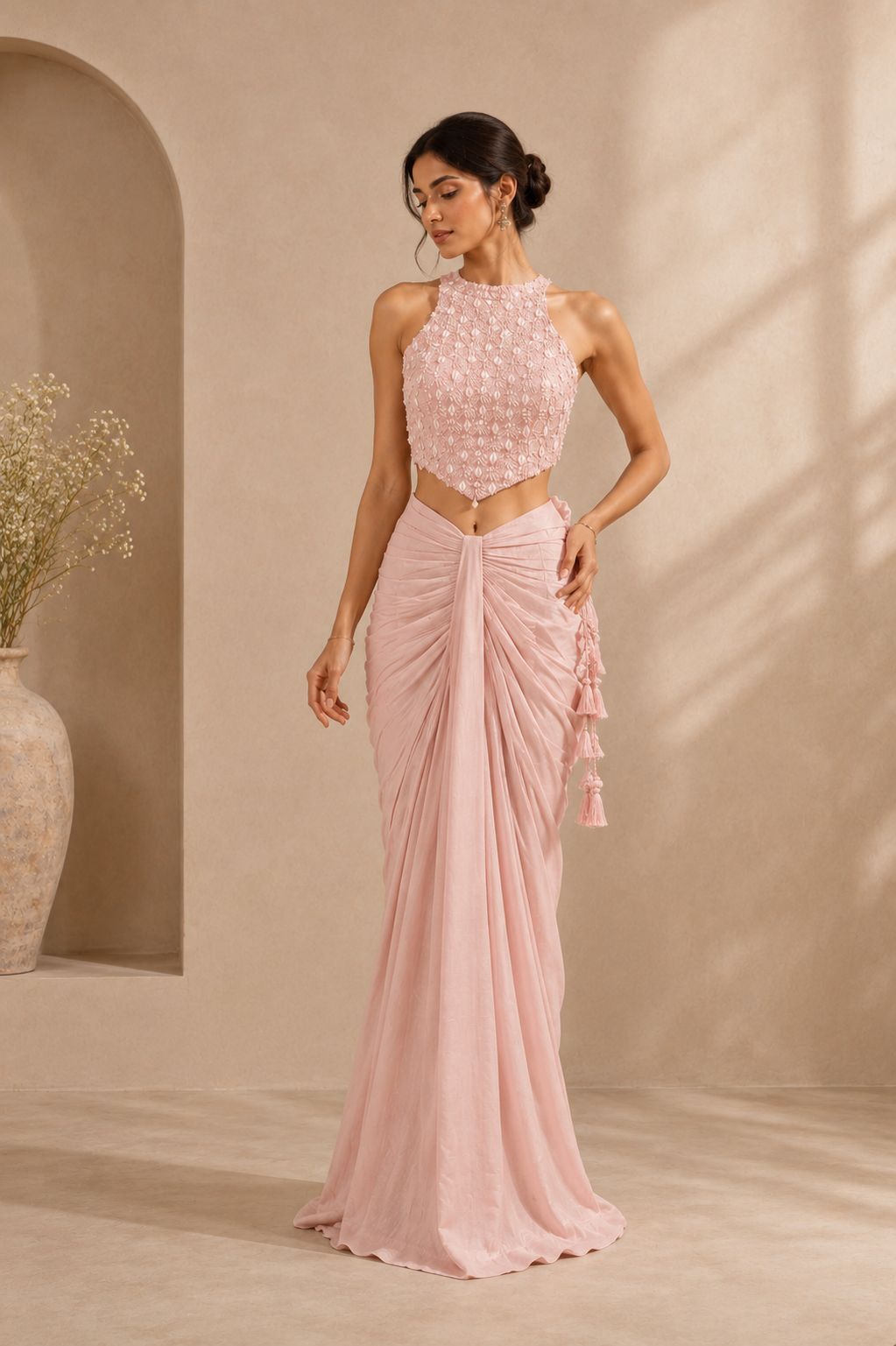 Women’s Baby Pink Embellished Halter Crop Top with Draped Skirt Set — Kurta Sets | Lehar Clothing UAE