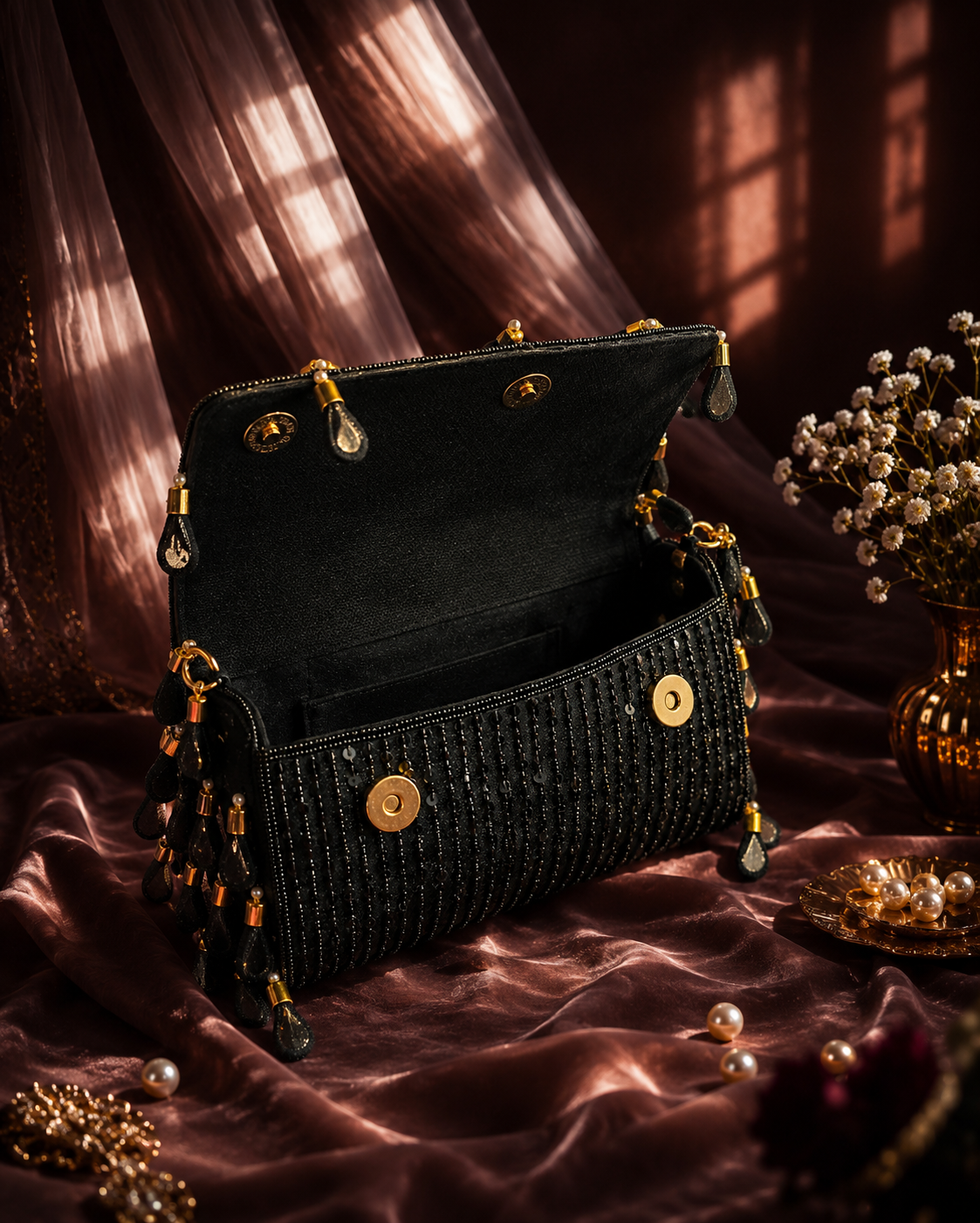 Black Beaded Mirror-Drop Fringe Clutch Bag — Bags — view 2 | Lehar Clothing UAE