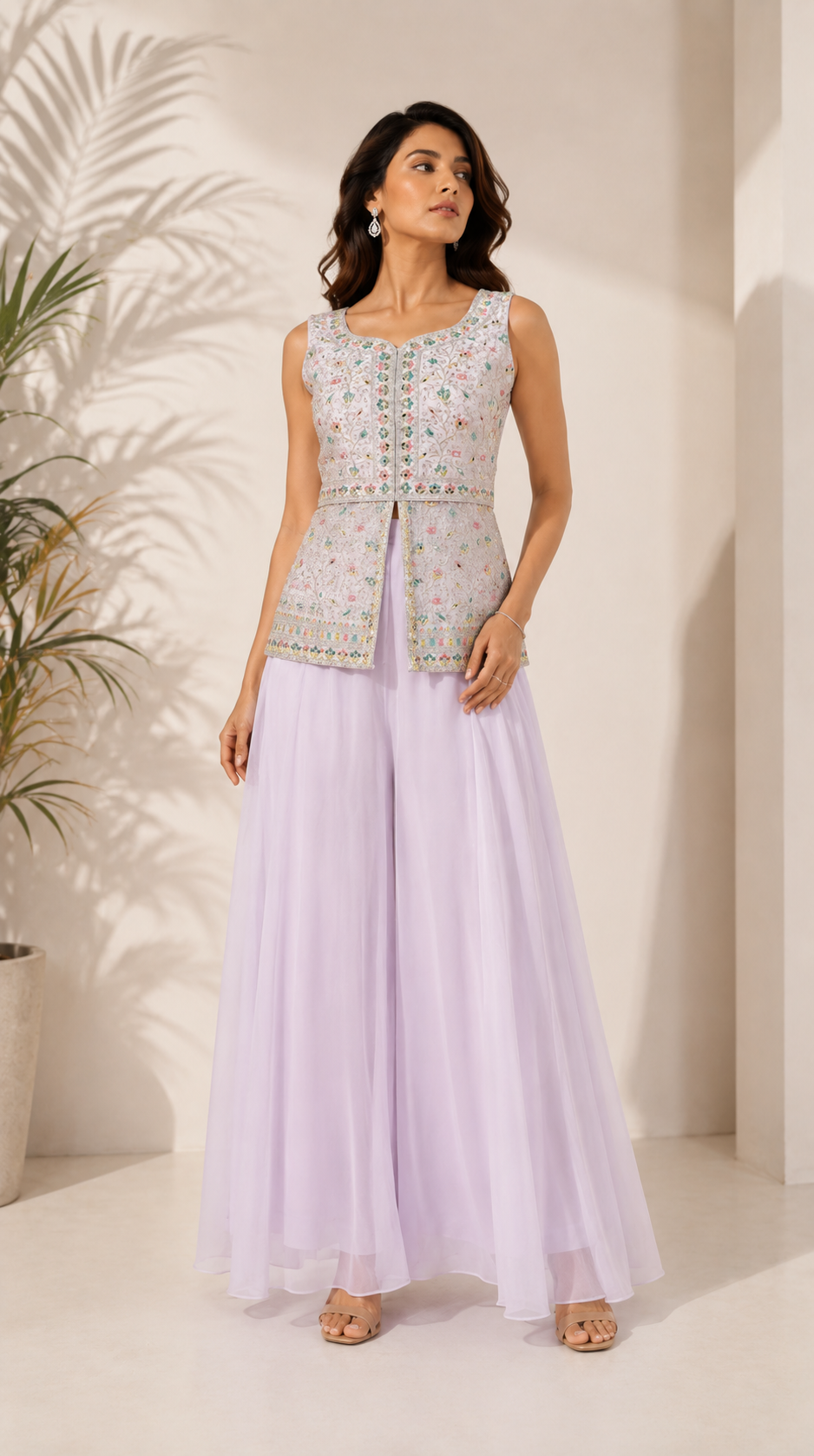 3-Piece Pastel Pink Floral Embellished Sleeveless Sharara Set — Sharara Set — view 2 | Lehar Clothing UAE