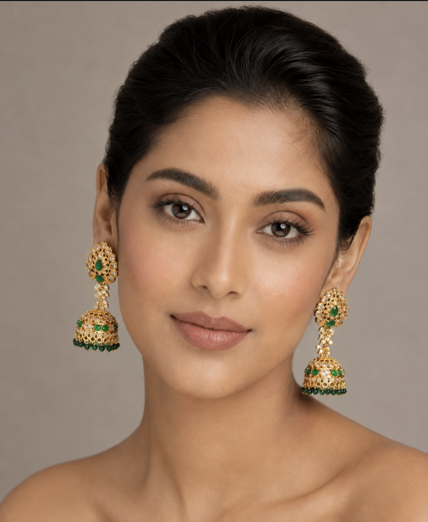 Imitation Gold-Tone Kundan Jhumka Earrings with Green Stones & Beaded Drops — Jewellery — view 3 | Lehar Clothing UAE