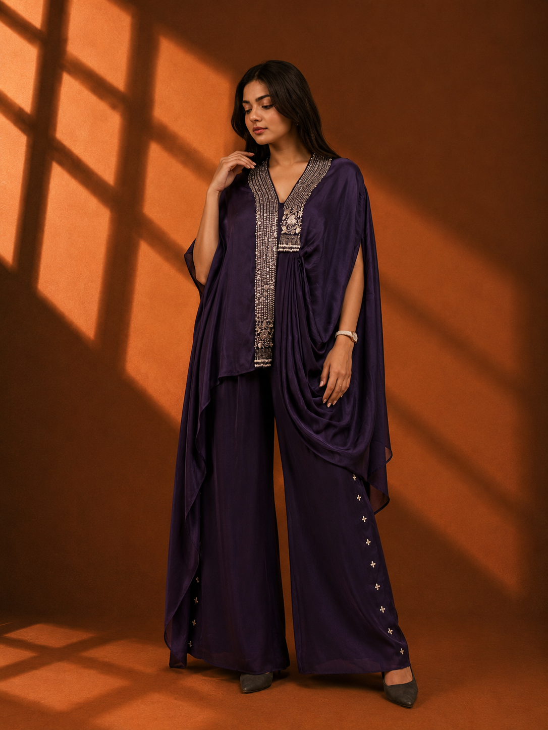 Midnight Purple Hand-Embellished Drape Kaftan Set with Wide-Leg Palazzo Pants — Fusion wear | Lehar Clothing UAE