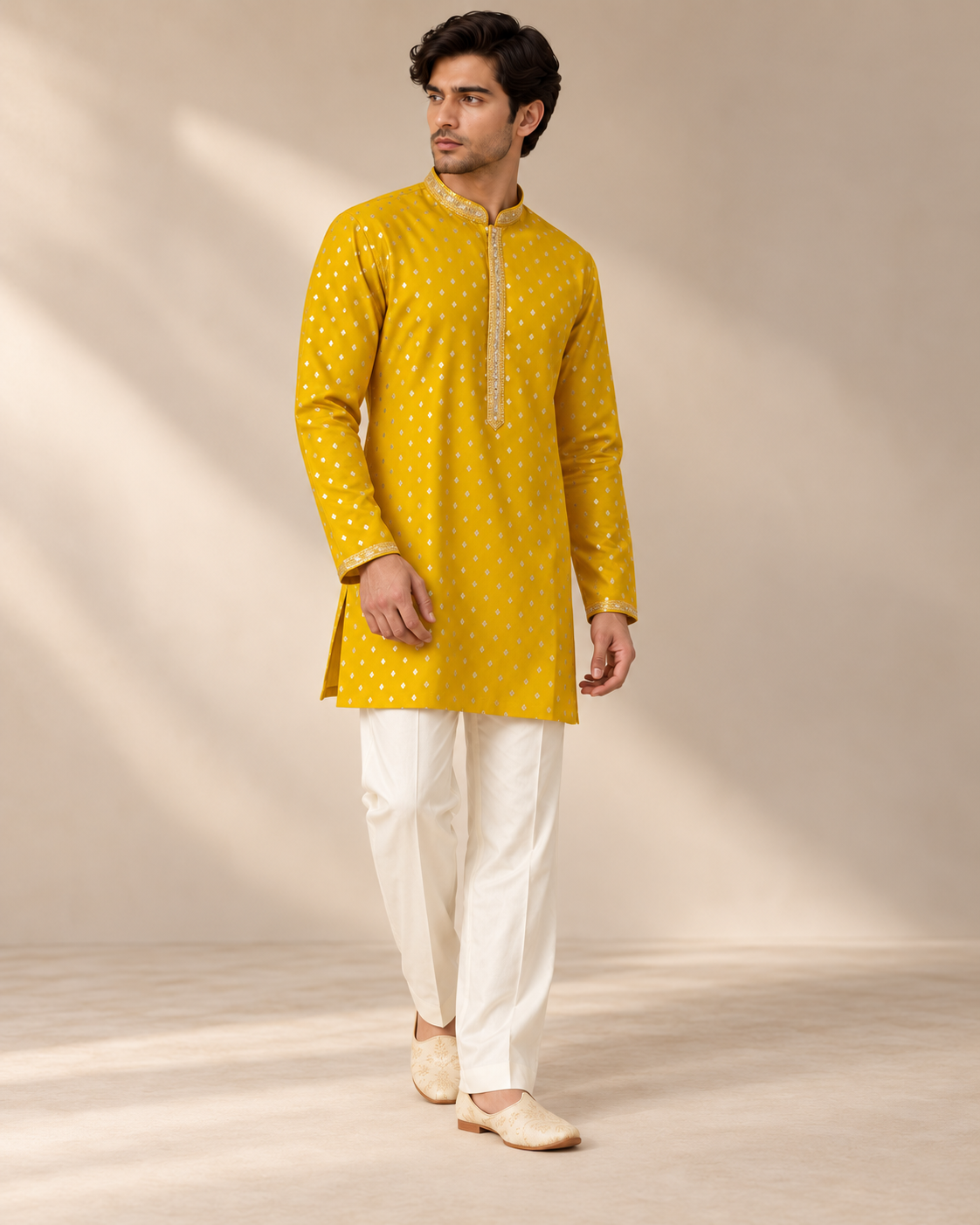 Yellow Embroidered Short Kurta with Wide leg Pants — Kurta Sets | Lehar Clothing UAE