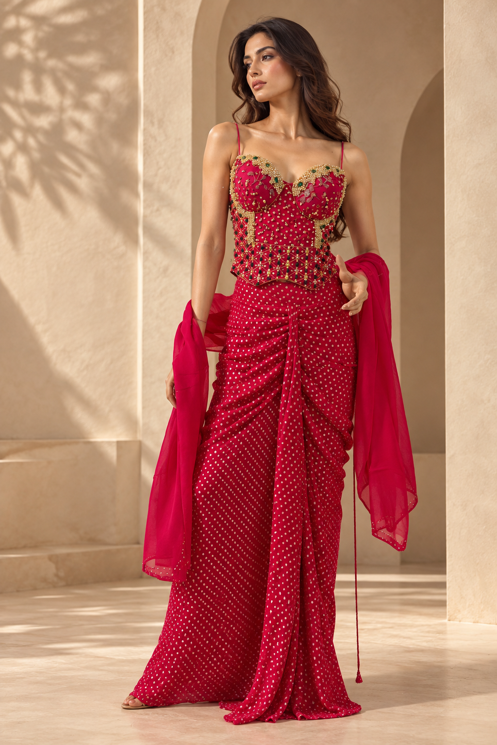 Women's Ruby Red Embellished Sweetheart Neck Bustier with Mirror & Bead Work and Pre-Draped Saree Set — Sarees | Lehar Clothing UAE