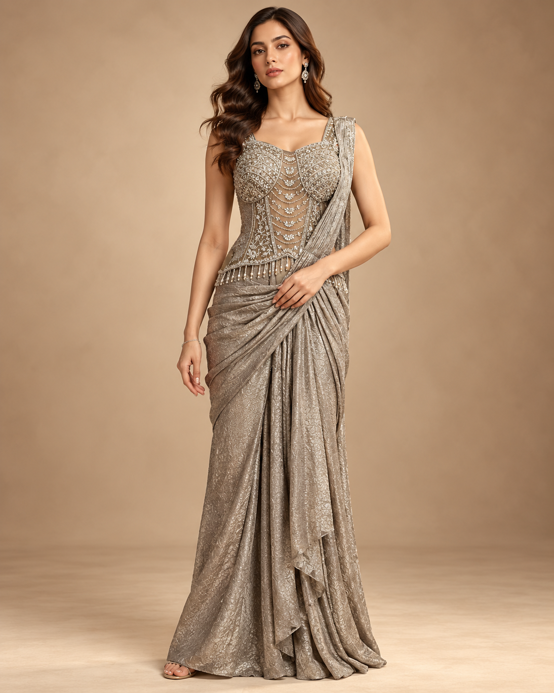 Grey Pearl & Sequin Embellished Corset Blouse with Lace-Up Back and Draped Skirt Saree Set — Fusion wear | Lehar Clothing UAE