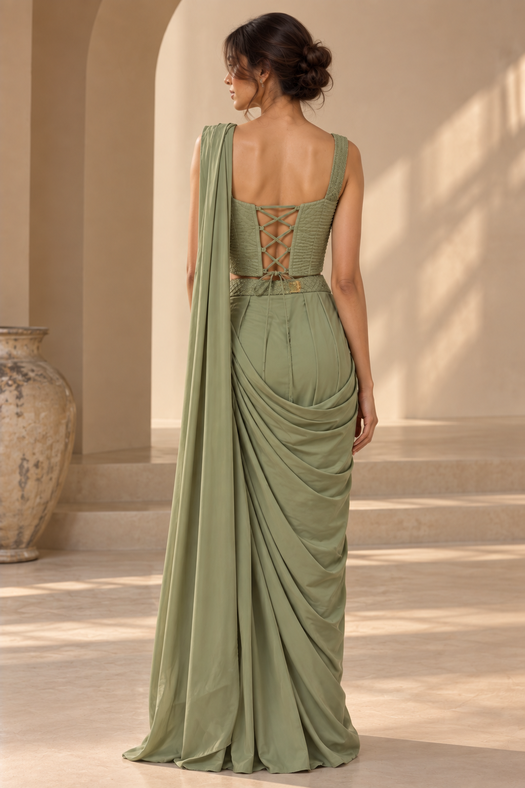 Olive Green Structured Corset Top with Draped Saree Set — Sarees — view 3 | Lehar Clothing UAE