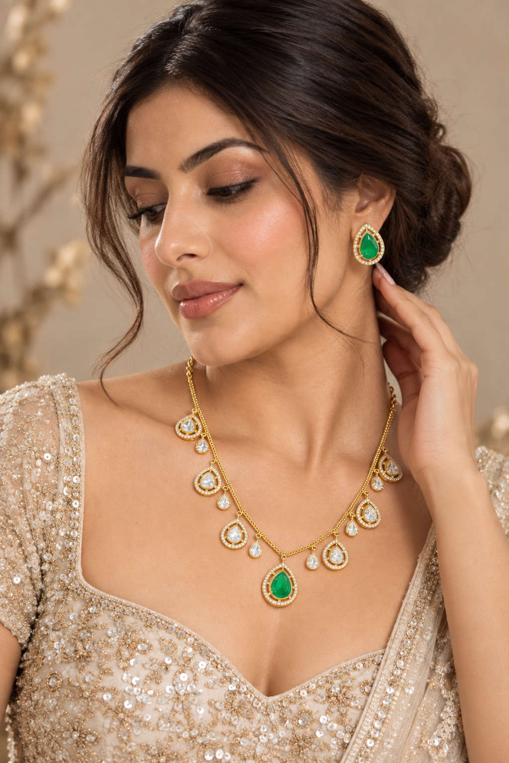 Emerald Green Polki-Style Necklace Set – Gold-Tone Indian Lightweight Jewelry — Jewellery — view 2 | Lehar Clothing UAE