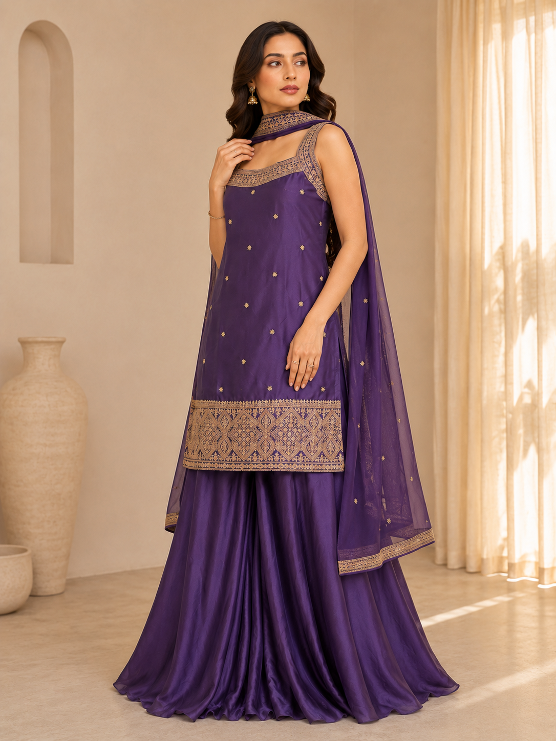 Women's Purple Gold-Embroidered Kurti and Sharara Pants Set with Dupatta — Sharara Set — view 2 | Lehar Clothing UAE