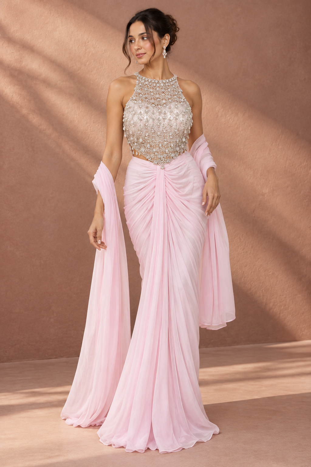 Women’s Baby Pink Embellished Halter Crop Top with Draped Skirt Set — Kurta Sets | Lehar Clothing UAE