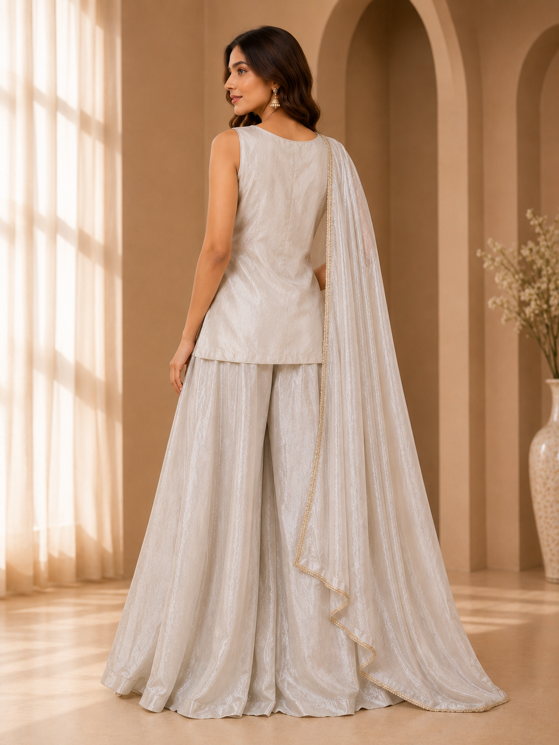 Light Grey Sleeveless Floral Embroidered Short Top with Flared Sharara & Dupatta Set — Sharara Set — view 3 | Lehar Clothing UAE