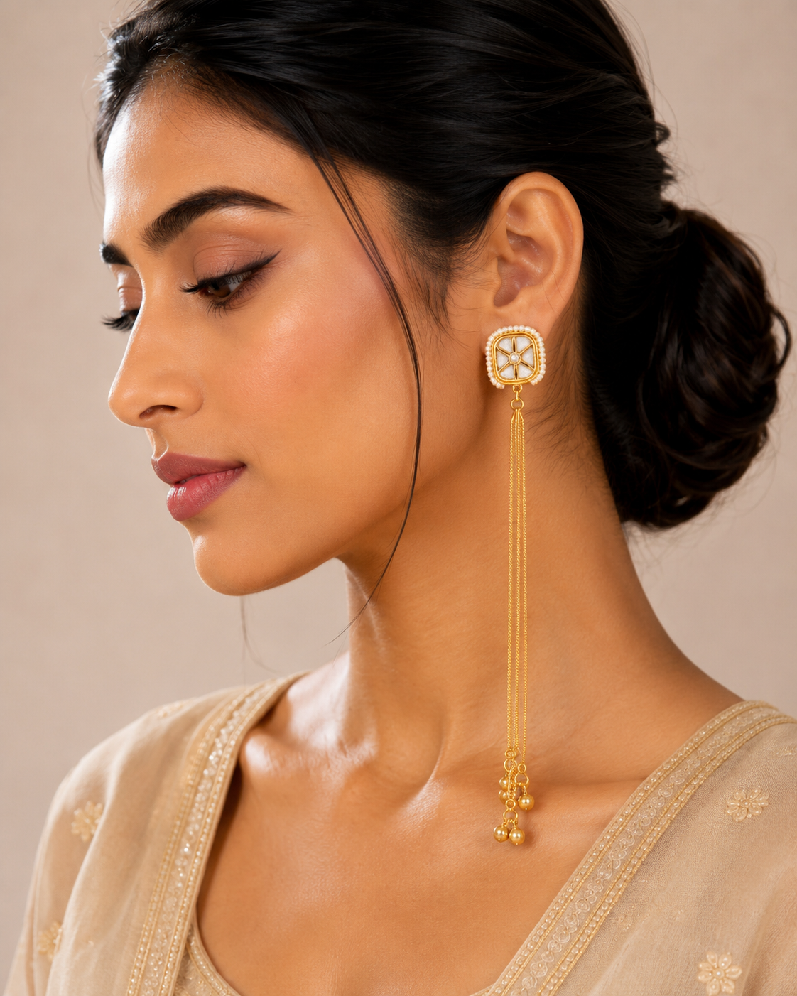 Imitation Gold-Tone Ivory Pearl Statement Long Tassel Kashir Dangler Earrings — Jewellery | Lehar Clothing UAE