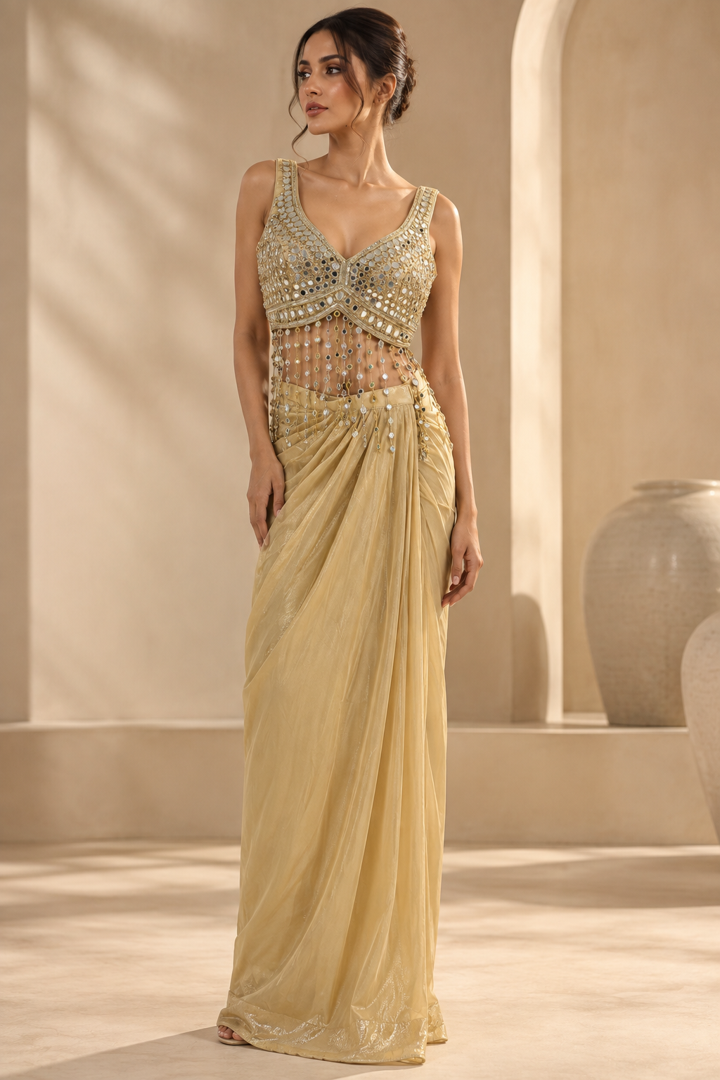 Champagne Gold Mirror Work Bustier with Crystal Dangling Embellishments & Draped Skirt Set — Fusion wear | Lehar Clothing UAE