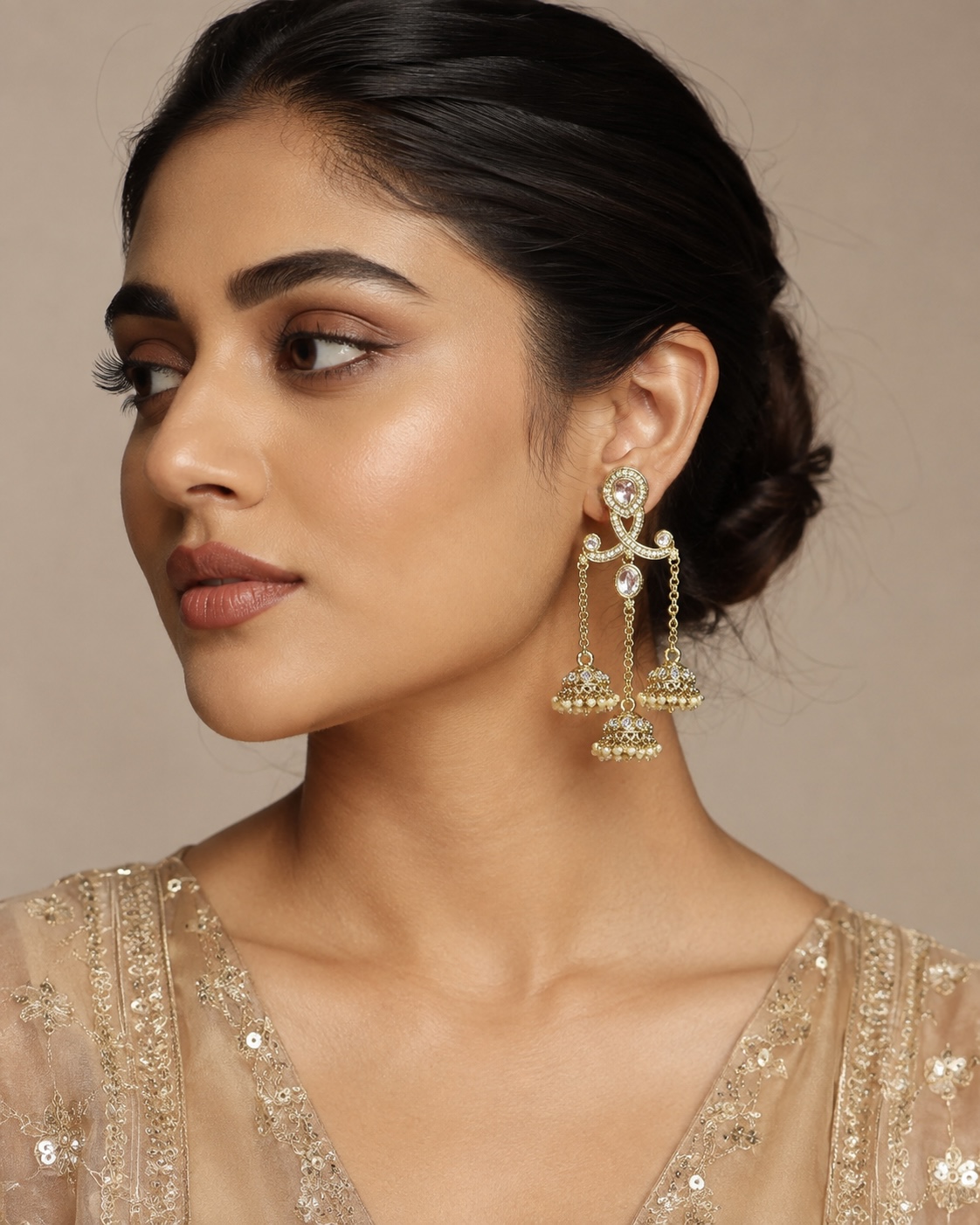 Imitation Gold-Tone Pearl Triple Jhumka Statement Kashir Dangler Earrings — Jewellery | Lehar Clothing UAE