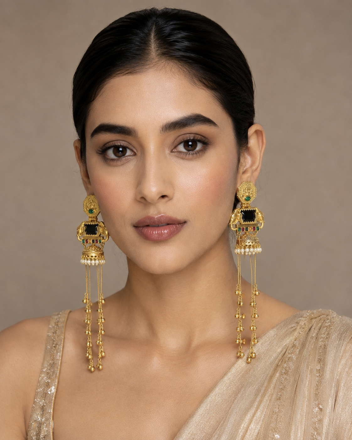 Imitation Gold-Tone Black Mirror Pearl Statement Long Kashir Dangler Earrings — Jewellery — view 2 | Lehar Clothing UAE
