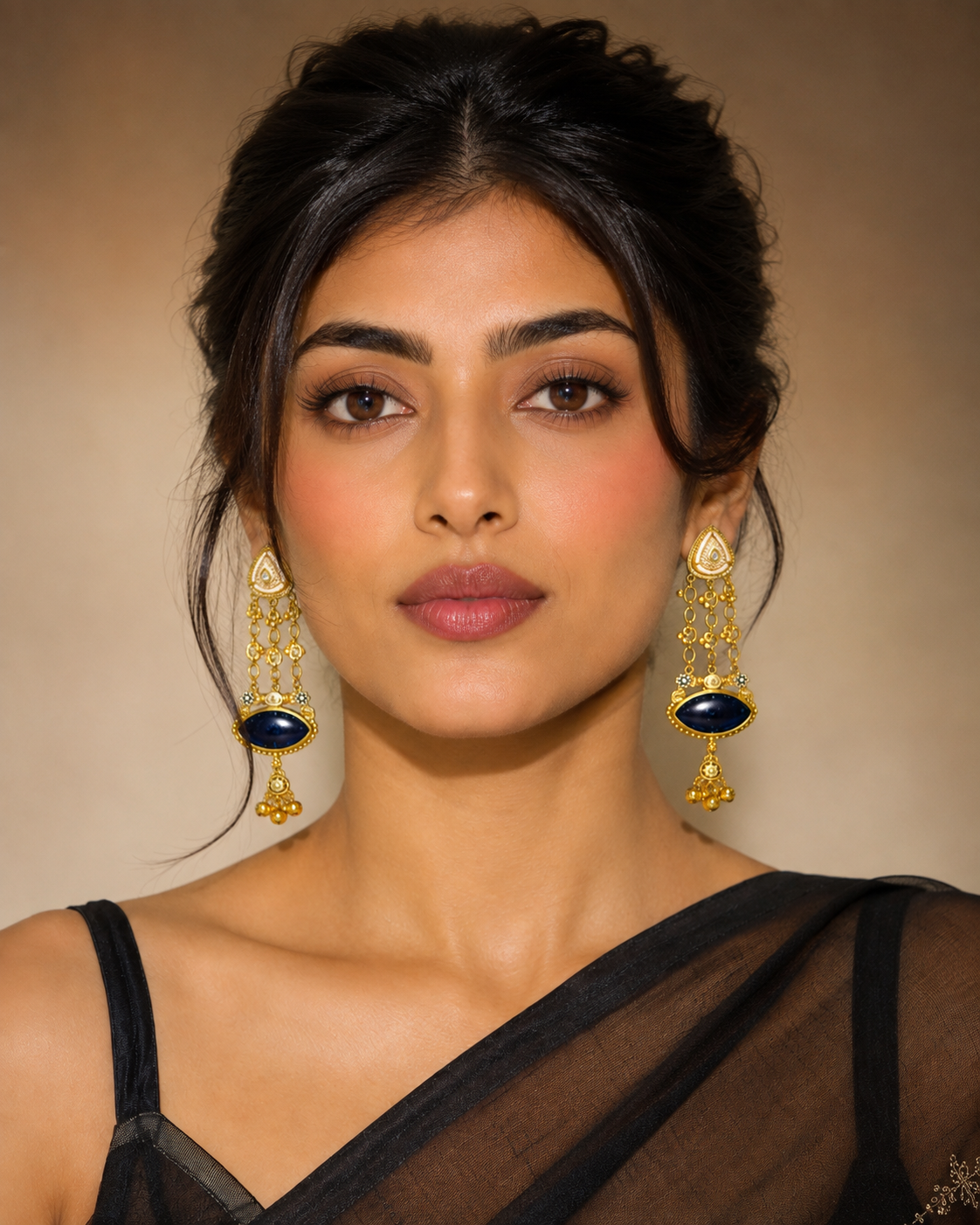 Imitation Gold-Tone Midnight Blue Stone Statement Kashir Dangler Earrings — Jewellery | Lehar Clothing UAE