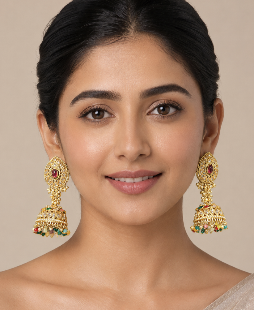 Imitation Gold-Tone Kundan Jhumka Earrings with Ruby Stone & Multicolor Beads — Jewellery | Lehar Clothing UAE