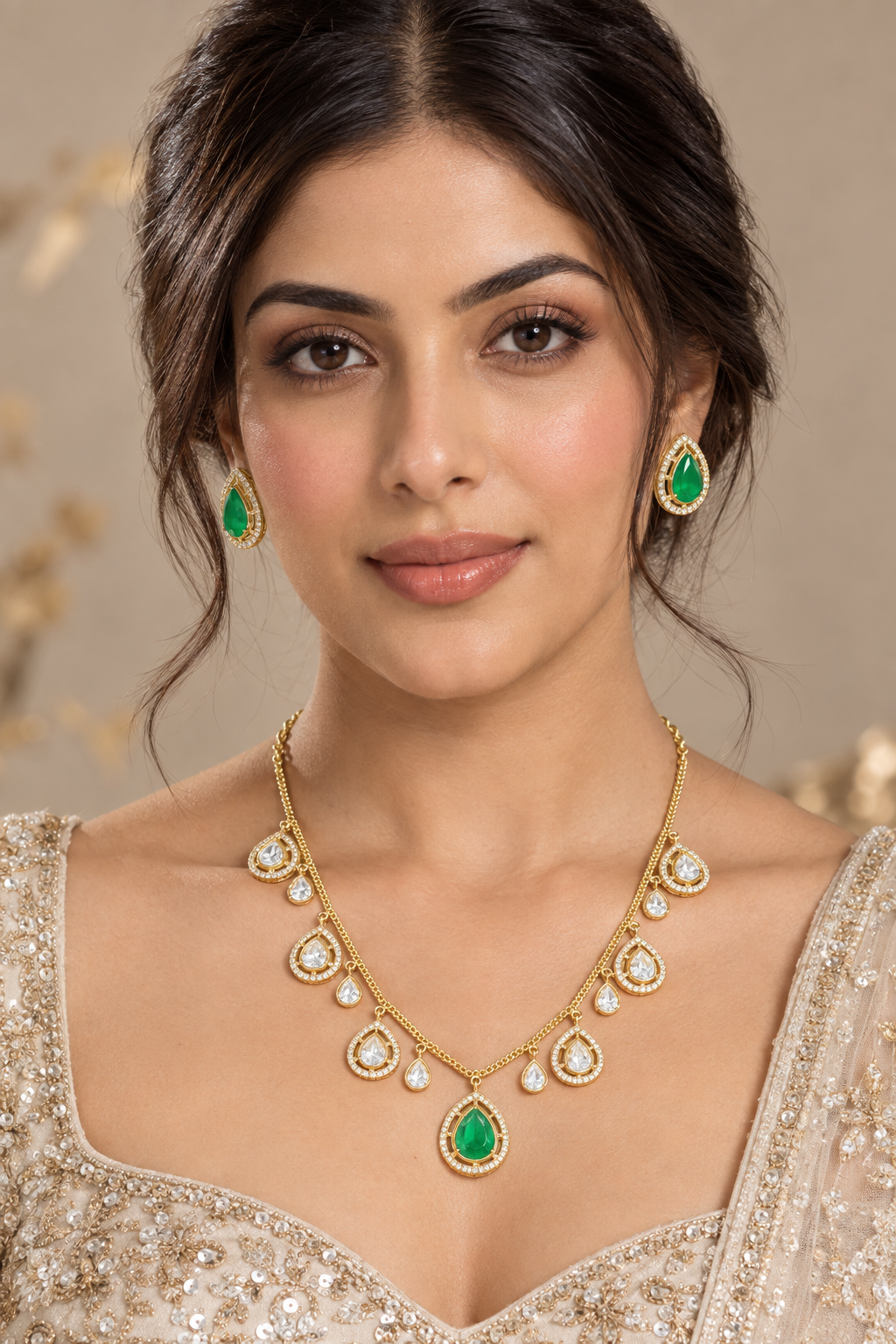 Emerald Green Polki-Style Necklace Set – Gold-Tone Indian Lightweight Jewelry — Jewellery | Lehar Clothing UAE