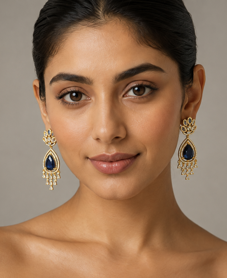 Women’s Navy Blue Teardrop Crystal Chandelier Earrings — Jewellery | Lehar Clothing UAE