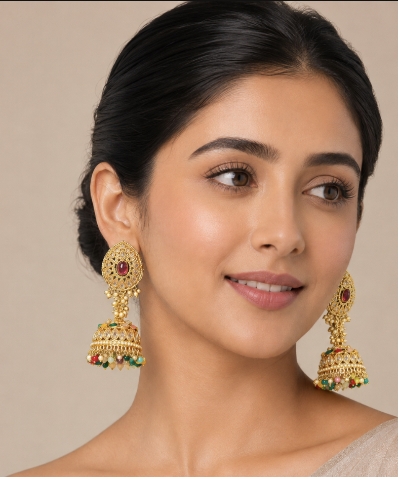 Imitation Gold-Tone Kundan Jhumka Earrings with Ruby Stone & Multicolor Beads — Jewellery — view 2 | Lehar Clothing UAE
