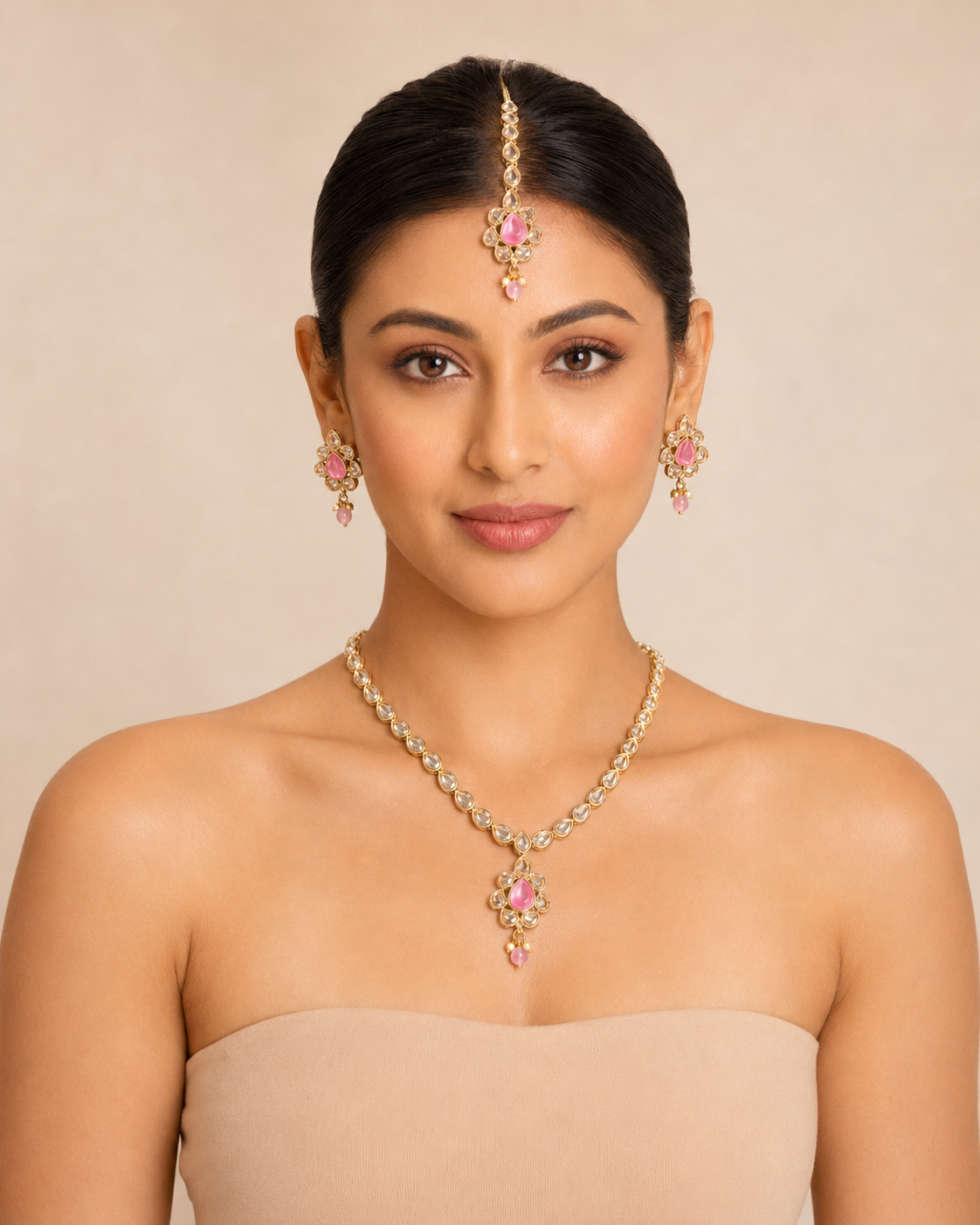 Pink Kundan Necklace Set with Maang Tikka - Gold Tone Indian Bridal — Jewellery — view 4 | Lehar Clothing UAE