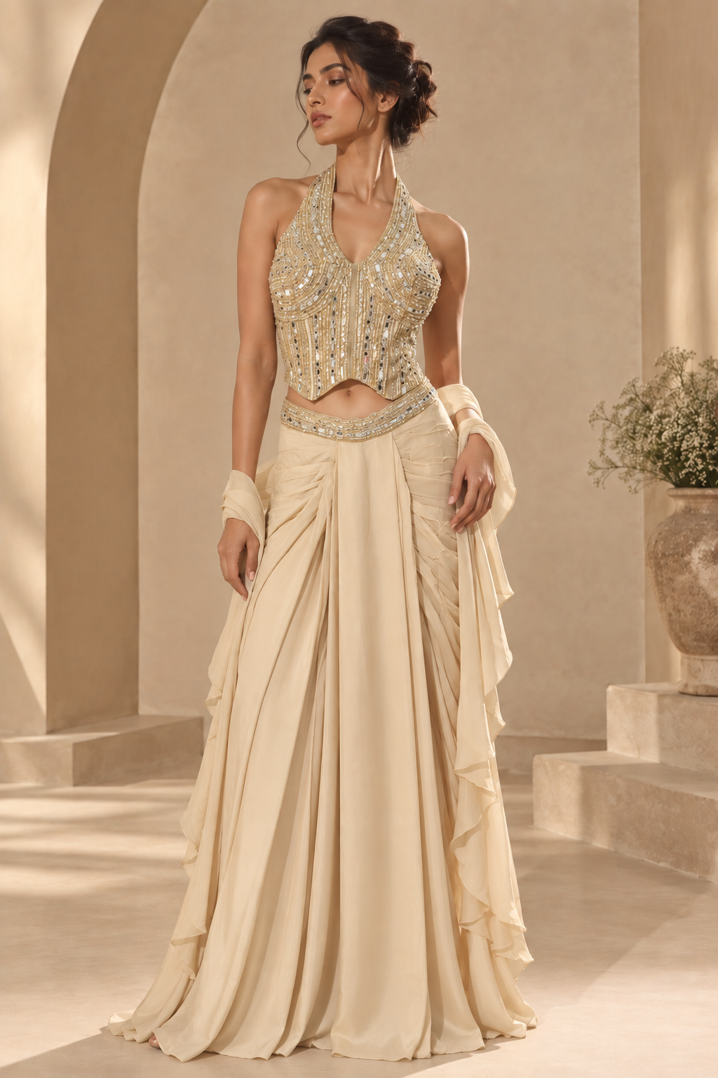 Women's Champagne Beige Mirror & Sequin Embellished Halter Neck Bustier with Draped Skirt & Dupatta 3-Piece Set — Fusion wear — view 2 | Lehar Clothing UAE