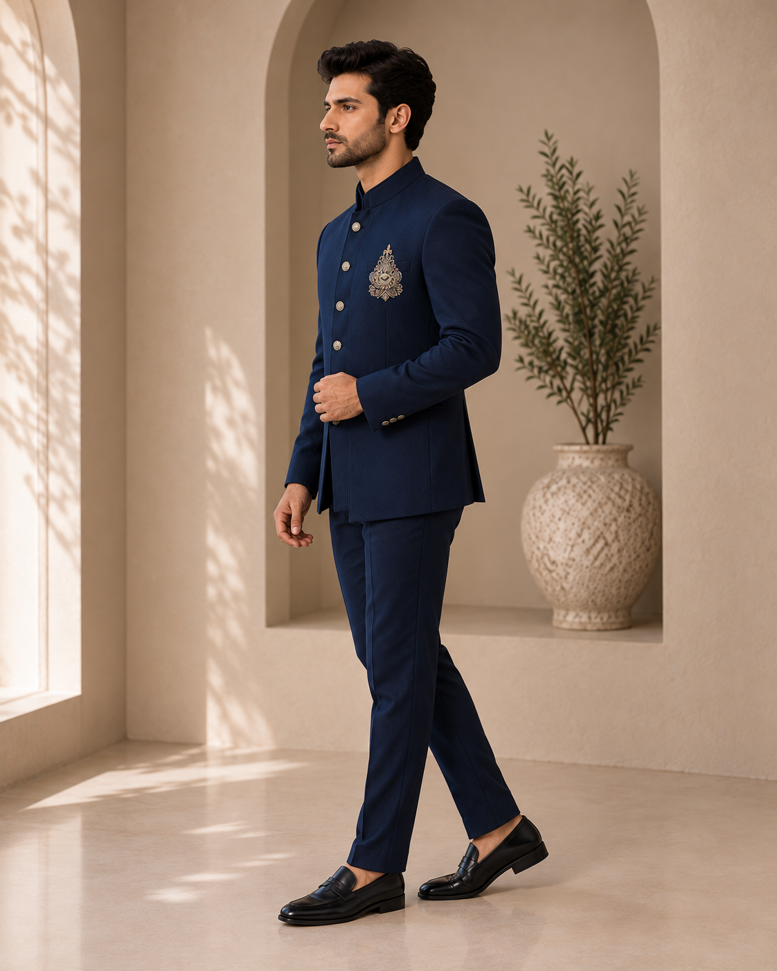 Navy Blue Embroidered Indo-Western Bandhgala Suit Set for Men — Fusion wear — view 2 | Lehar Clothing UAE