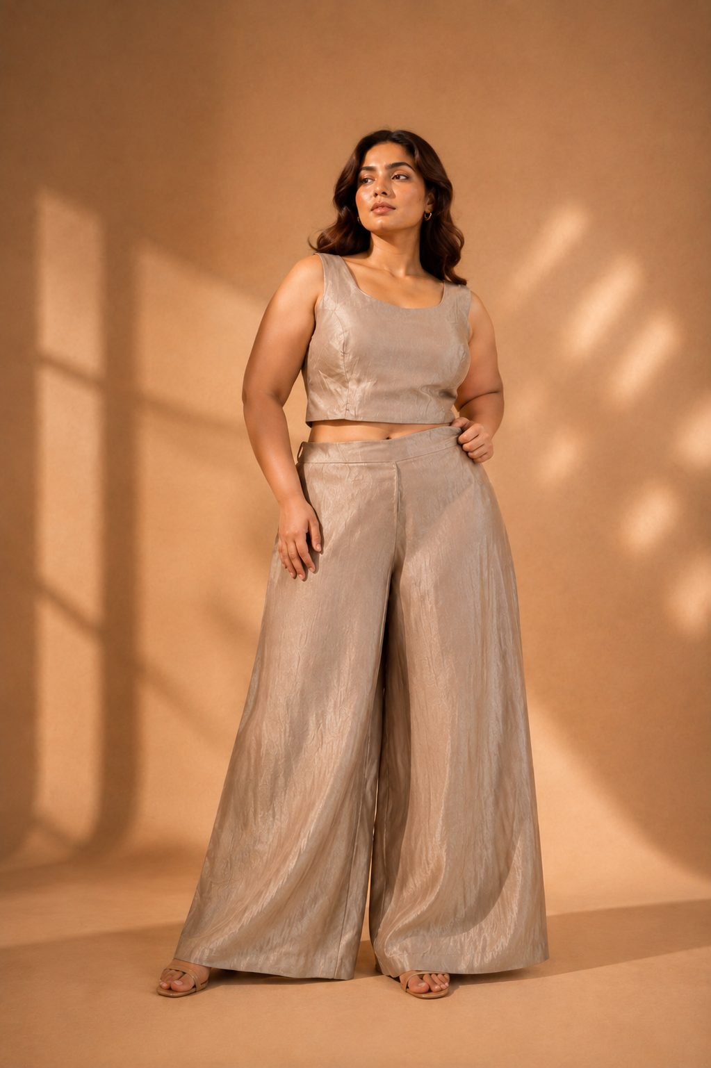 Champagne Beige Hand-Embellished Kaftan Top with Wide-Leg Palazzo Pants Set — Fusion wear — view 3 | Lehar Clothing UAE