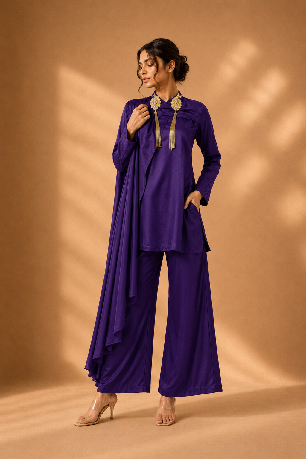 Velvet Plum Draped Satin Set — Kurta Sets | Lehar Clothing UAE
