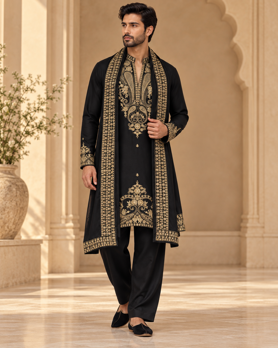 Men’s Black & Gold Embroidered Kurta Set with Matching Stole — Kurta Sets | Lehar Clothing UAE