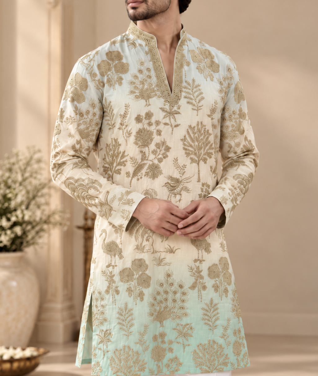 Men’s Ivory to Mint Ombre Kurta with Gold Floral Embroidery & White Trousers — Kurta Sets — view 2 | Lehar Clothing UAE