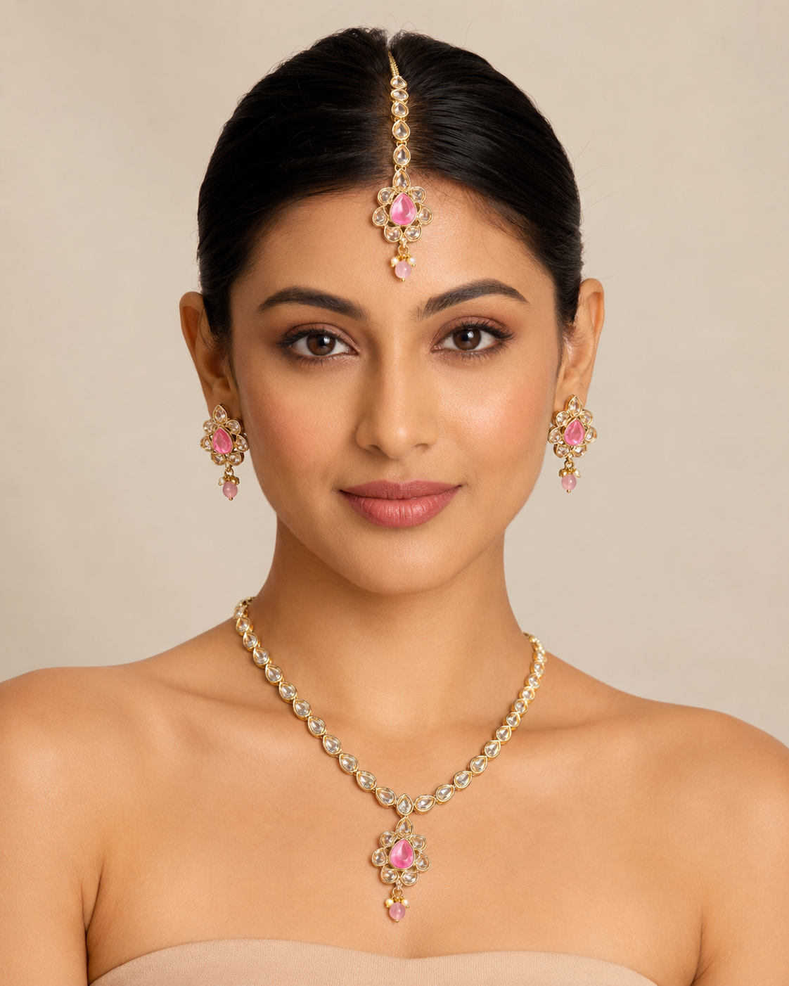 Pink Kundan Necklace Set with Maang Tikka - Gold Tone Indian Bridal — Jewellery | Lehar Clothing UAE