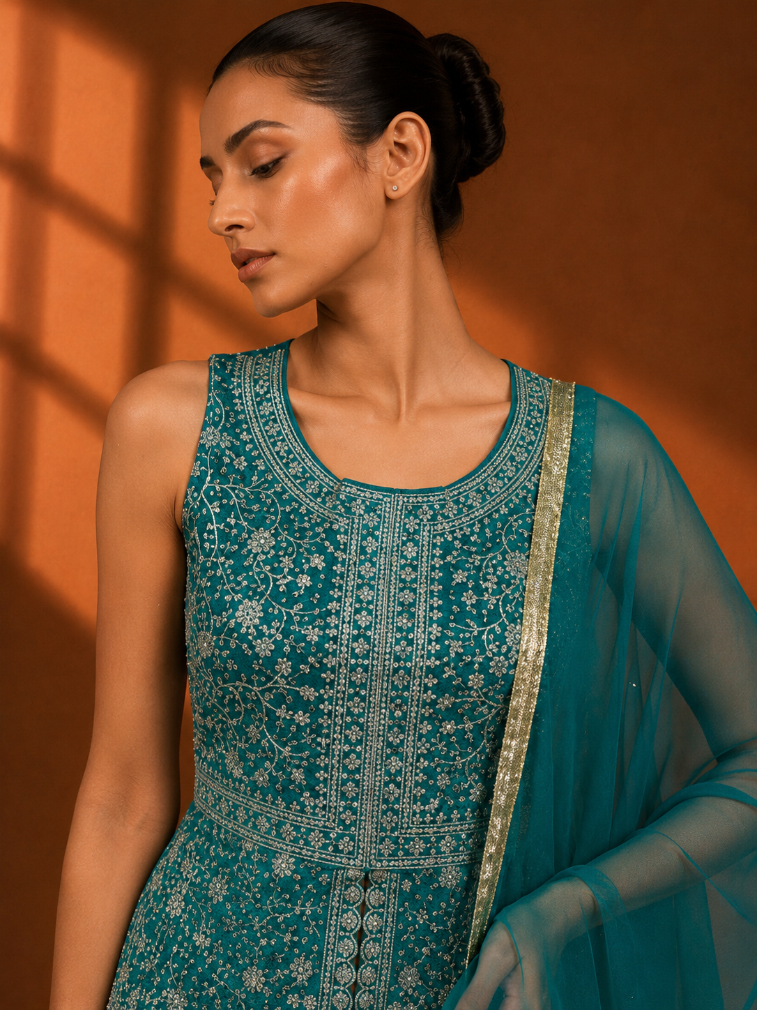 Green Sleeveless Scoop Neck Short Kurti and Plain Sharara Suit 3-Piece Set — Sharara Set — view 2 | Lehar Clothing UAE