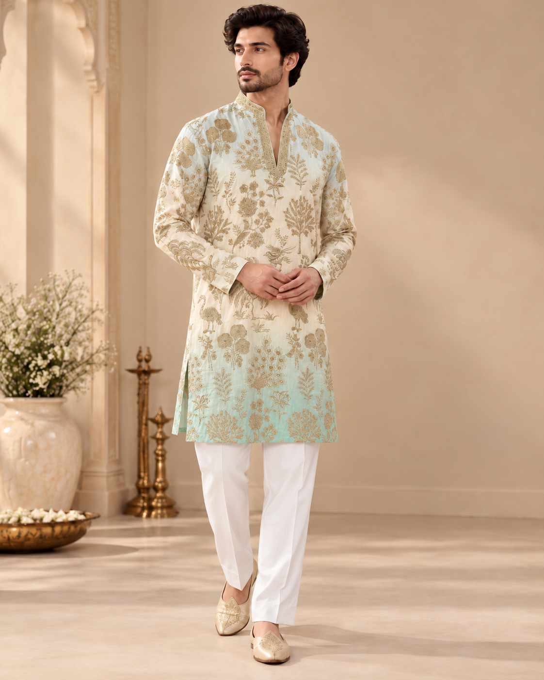 Men’s Ivory to Mint Ombre Kurta with Gold Floral Embroidery & White Trousers — Kurta Sets | Lehar Clothing UAE