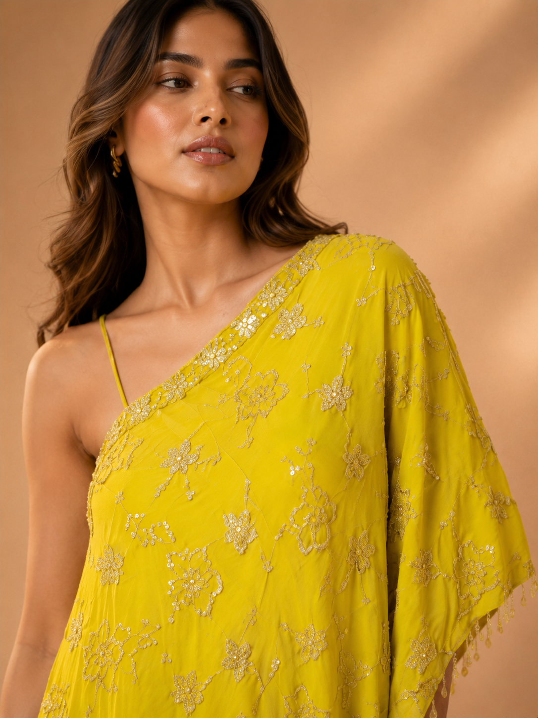 Lime Yellow One-Shoulder Embroidered Cape Palazzo Set — Palazzo Sets — view 2 | Lehar Clothing UAE