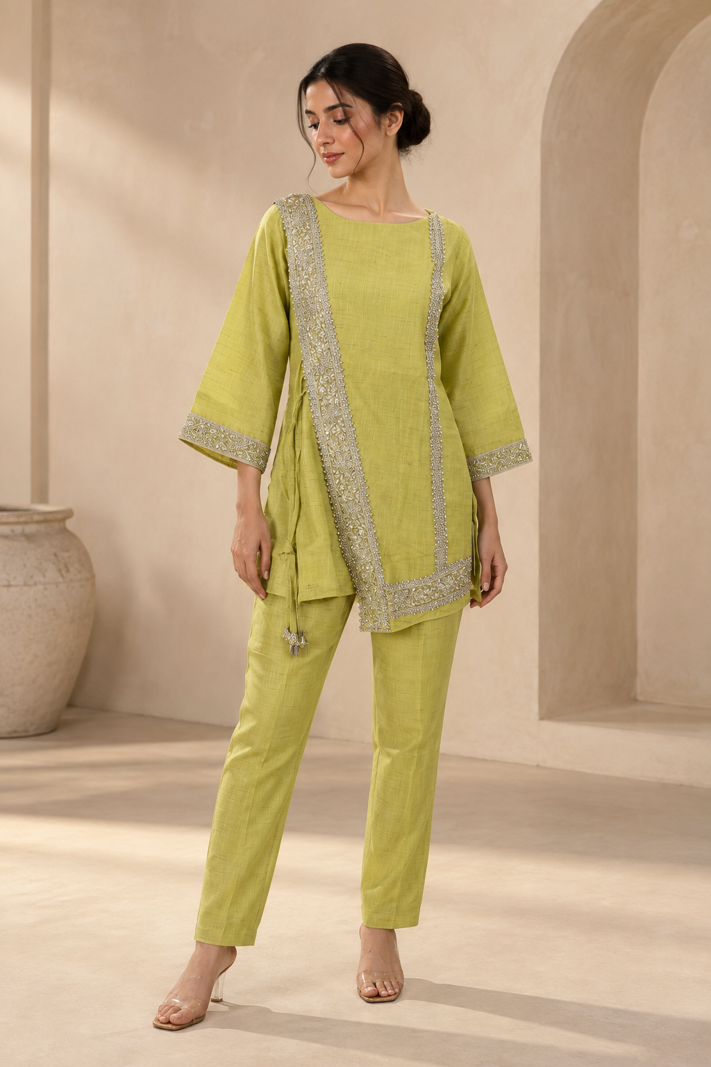 Lime Green Embellished Kurta & Straight Pants Set — Kurta Sets — view 2 | Lehar Clothing UAE