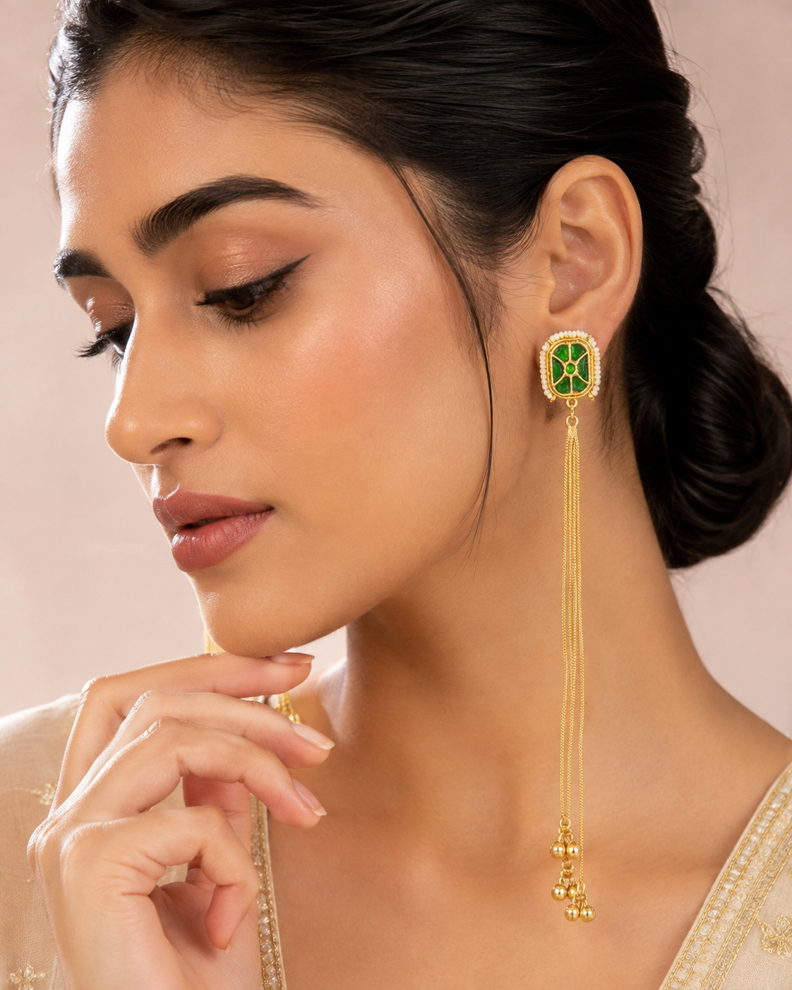 Imitation Gold-Tone Emerald Green Statement Long Tassel Kashir Dangler Earrings — Jewellery | Lehar Clothing UAE
