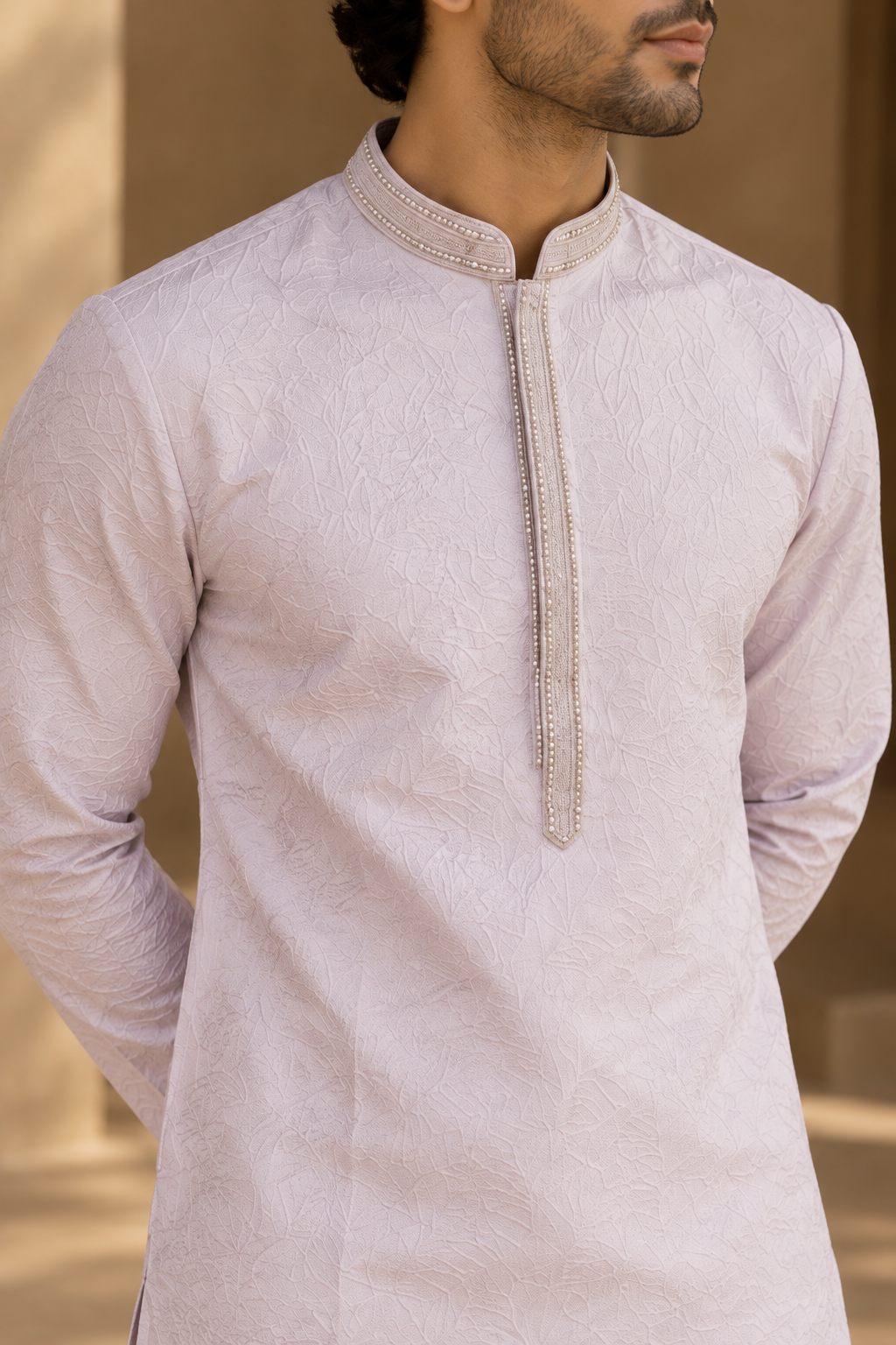 Men’s Pastel Lavender Textured Jacquard Kurta with Embellished Collar & White Straight Pants — Kurta Sets — view 2 | Lehar Clothing UAE
