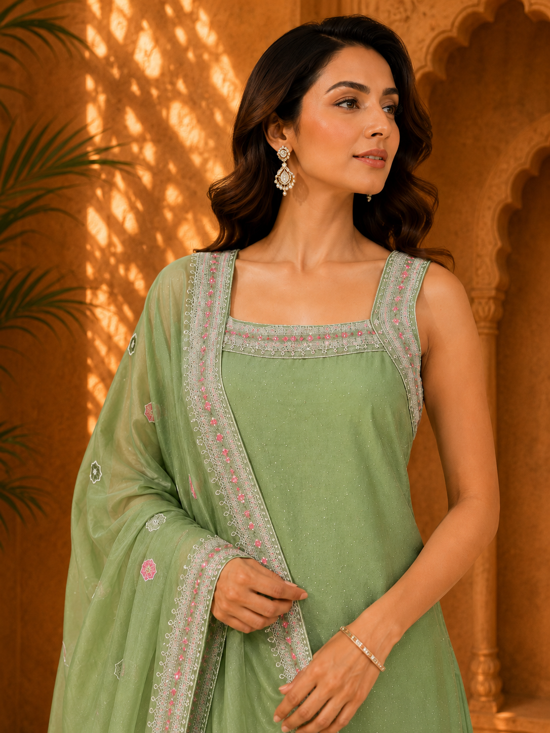 Sage Green Square-Neck Embellished Straight Kurti with Matching Trousers and Bordered Dupatta — Kurta Sets — view 3 | Lehar Clothing UAE