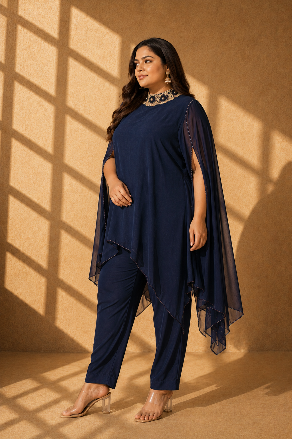 Navy Blue Embroidered Kaftan Cape Kurta Set — Kurta Sets - Plus Size — view 4 | Lehar Clothing UAE