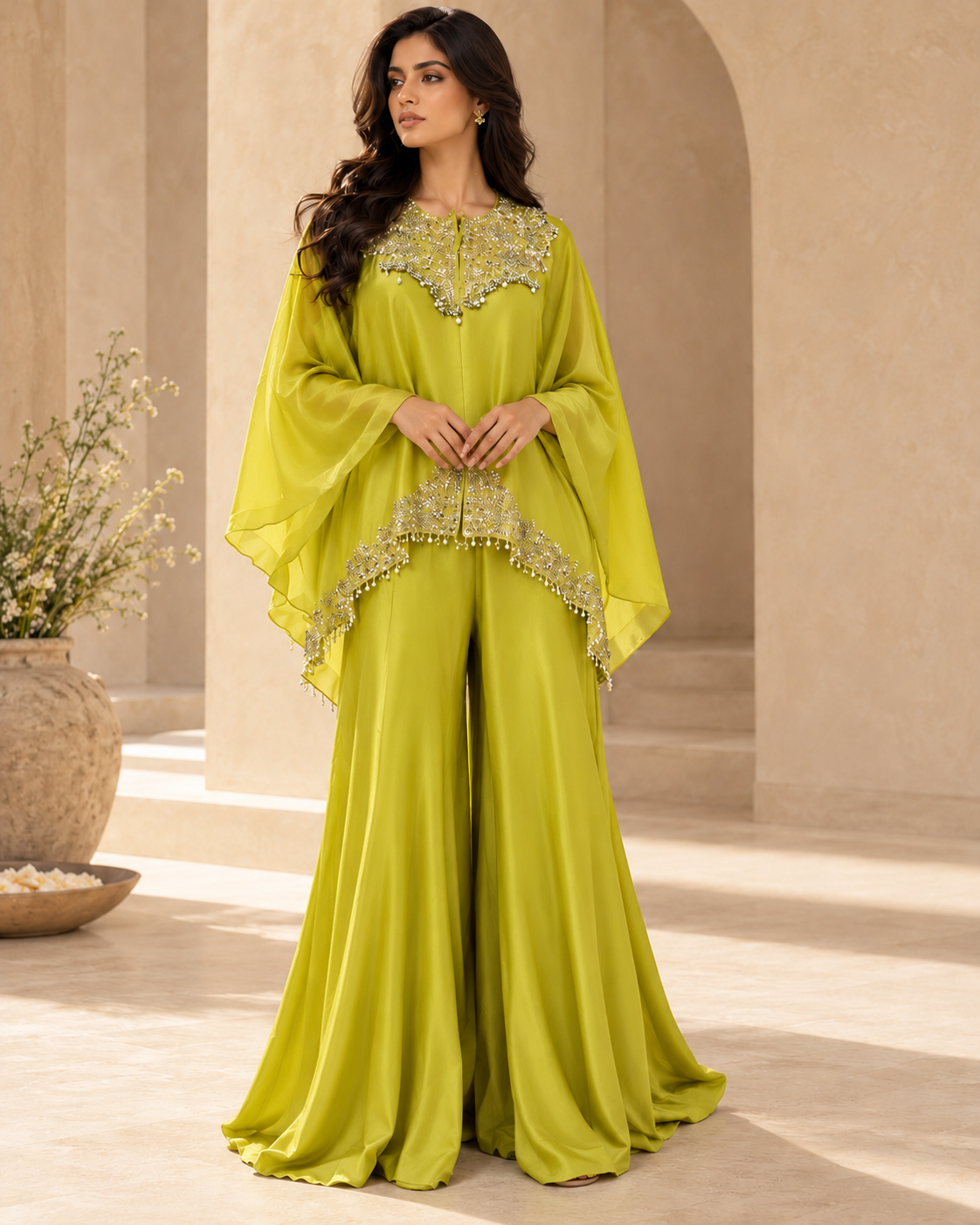Women's Lime Green Silver Embroidered Kaftan Top & Flared Palazzo Pants Co-Ord Set — Palazzo Sets | Lehar Clothing UAE