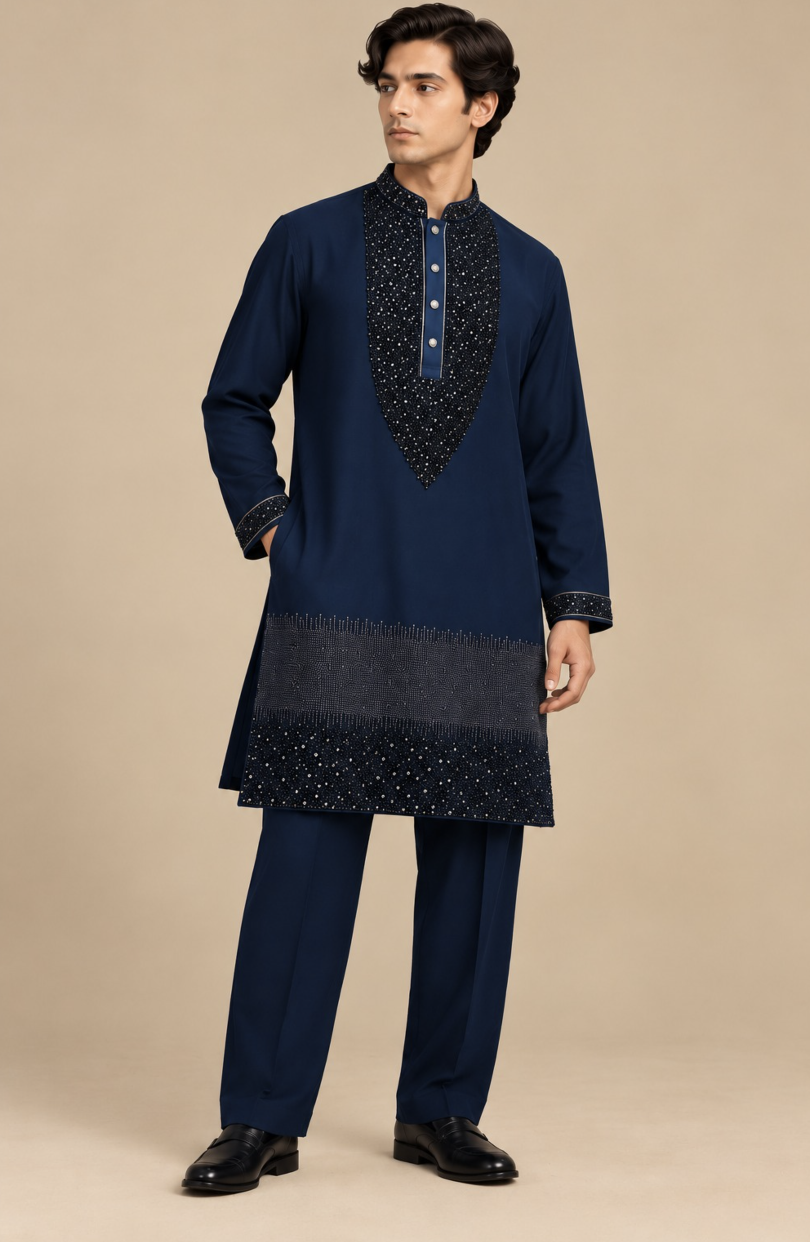 Men’s Navy Blue Embellished Kurta Pant Set with Sequin Detailing, Mandarin Collar & Matching Dupatta — Kurta Sets | Lehar Clothing UAE