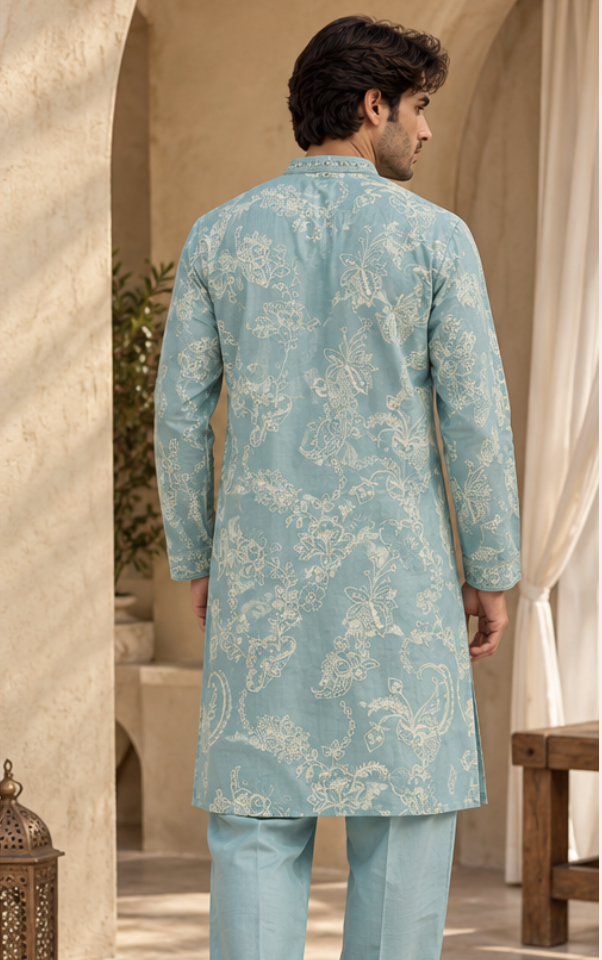 Men's Seafoam Blue Floral Embroidered Kurta Set with Matching Straight Pants — Kurta Sets — view 4 | Lehar Clothing UAE