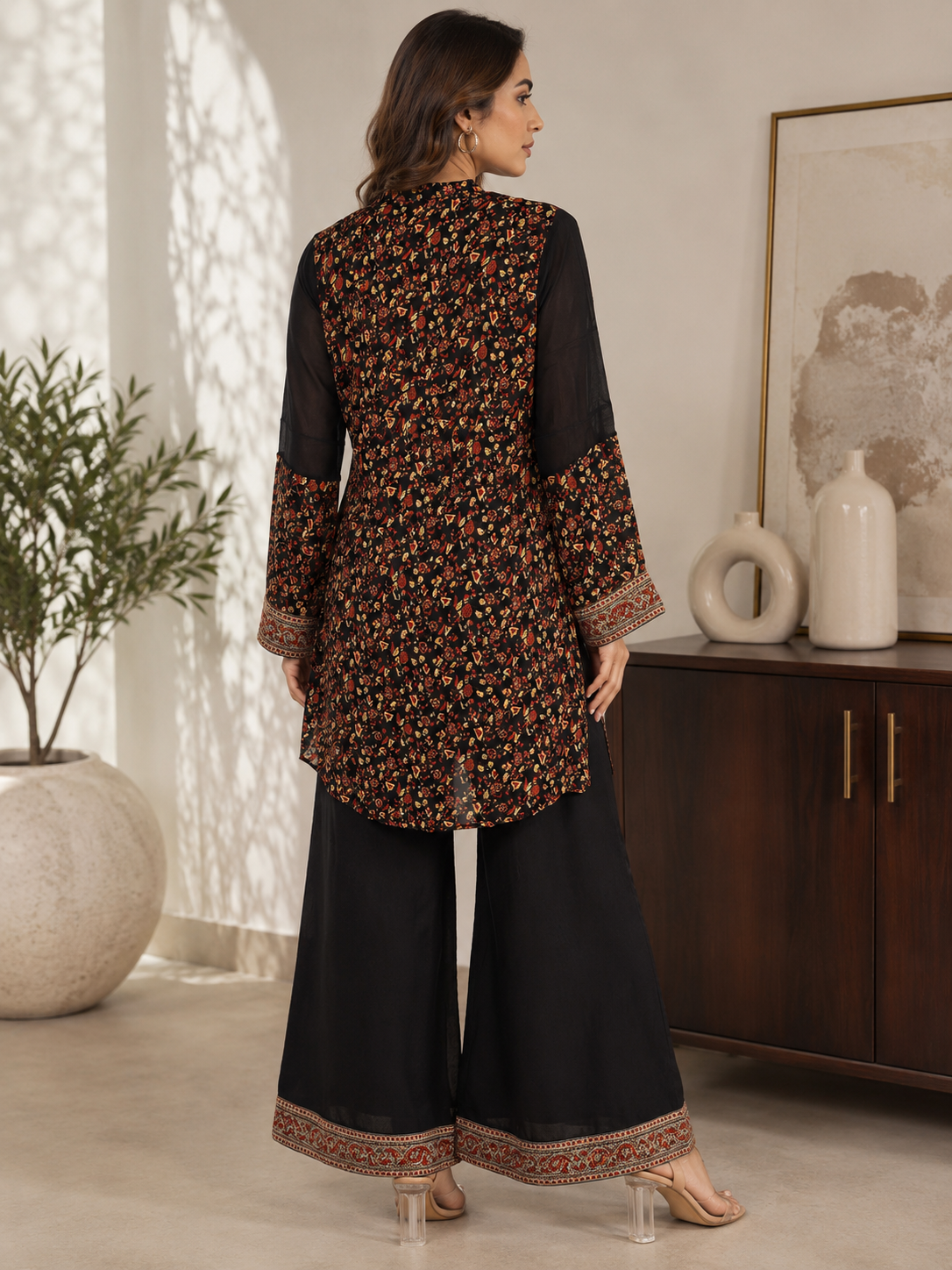 Women's Black Floral Border Embroidered Chiffon Co-Ord Set Plus Size — Co-ord Set — view 3 | Lehar Clothing UAE