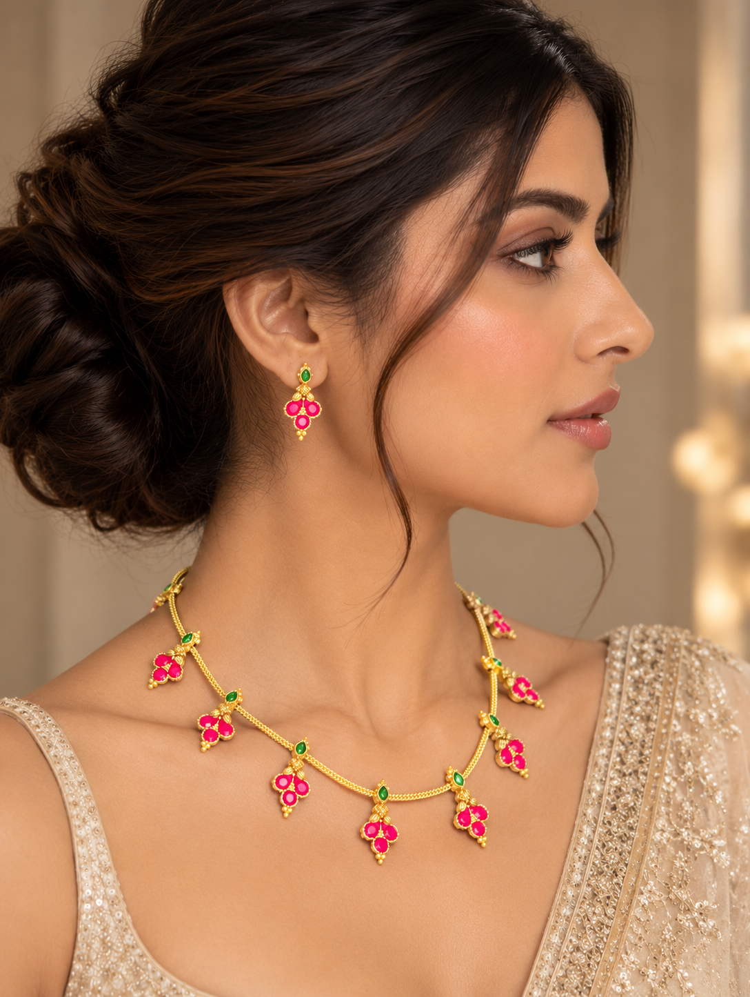 Pink Stone Cluster Charm Necklace Set - Gold Tone Indian Minimal Jewelry — Jewellery — view 2 | Lehar Clothing UAE